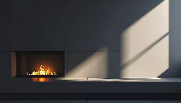 Minimalist Modern Fireplace with Glowing Flames and Sunlight Shadow Interior Concept