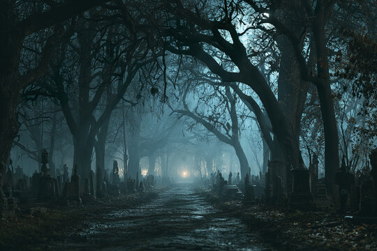 Creepy cemetery pathway at night with rows of ancient gravestones under twisted bare trees creating eerie atmosphere