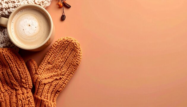 Cozy Autumn Flatlay with Knit Mittens and Warm Coffee Mug lifestyle concept
