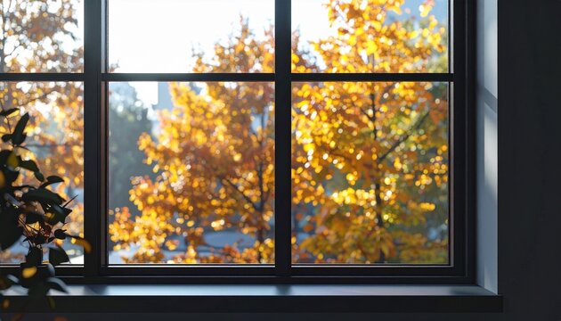 Autumn foliage viewed through modern office window cozy interior seasonal concept