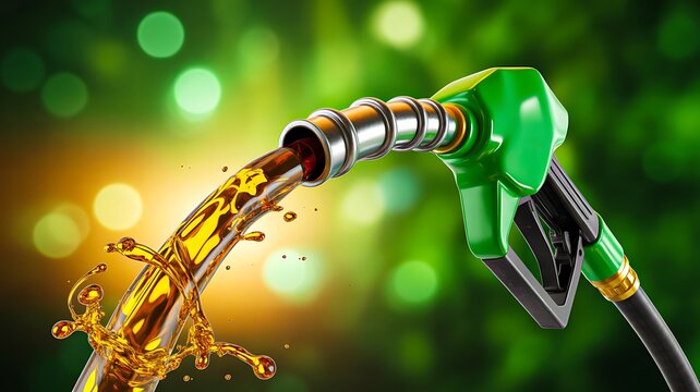 Green fuel nozzle dispensing gasoline with splash representing energy and transportation
