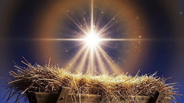 Bright shining star over empty wooden manger with straw under night sky with glowing halo