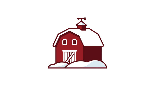 Flat vector illustration of a classic red farm barn covered in winter snow