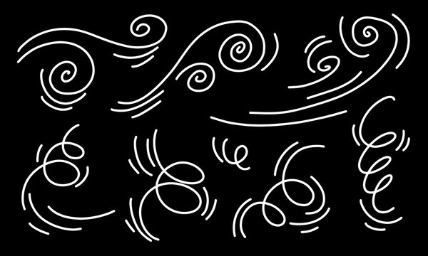 Doodle wind line sketch set in black background. Hand drawn doodle wind movement, air blowing, vortex elements.