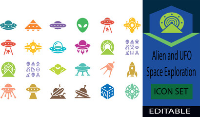 Alien and UFO Space Exploration Icon Set Featuring Flying Saucers Rocket Ships Extraterrestrial Heads Abduction Beams and Sci Fi Technology Symbols for Gaming Graphics © Alaur