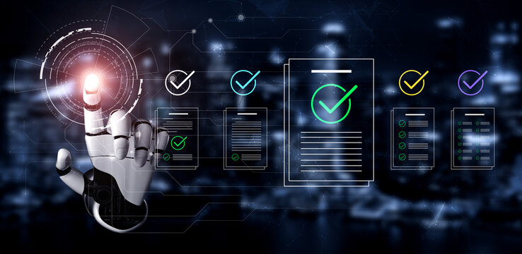 A robotic hand interacts with glowing digital checklists, emphasizing advancements in technology, automation, and data verification in a modern urban setting. Cyphers