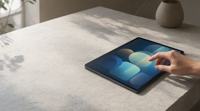 Person's hand interacting with a tablet displaying abstract art on a minimalist stone surface.