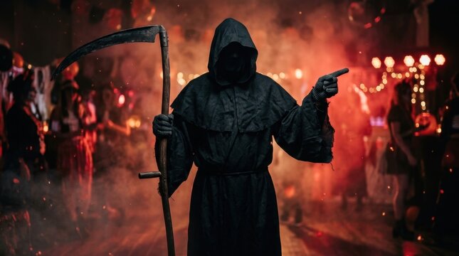 Halloween grim reaper costume featuring skull mask and black tattered robe holding wooden scythe in smoky room with blurred crowd party background.