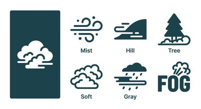 Minimalist monochrome dark teal fog and weather icon set featuring mist, hill, tree, soft clouds, and atmospheric typography. Flat vector eps style for weather forecasting apps.