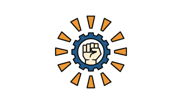 Raised fist inside mechanical gear with orange sun rays