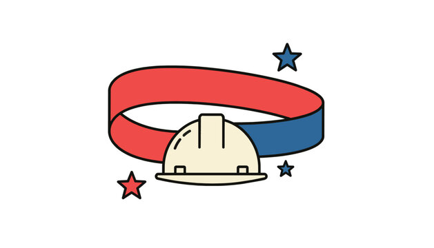 Patriotic hard hat with red and blue ribbon and stars