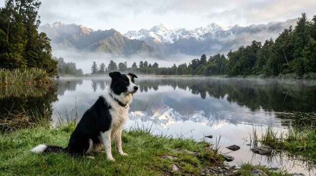 Border collie dog sitting by a calm mountain lake