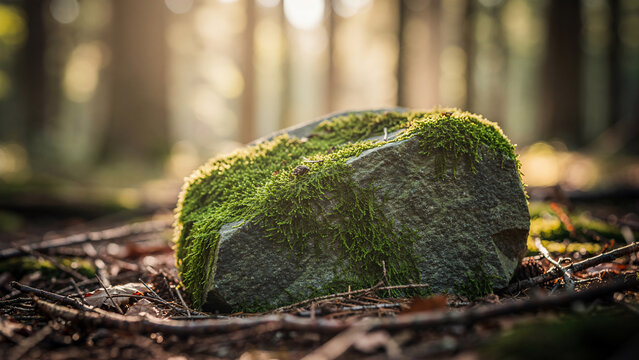Close-up of mossy stone in sunlit forest with golden bokeh, suitable for environmental campaigns, nature editorial articles and eco branding