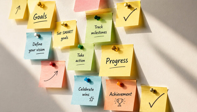 Colorful sticky notes with motivational goal setting and progress tracking words on wall