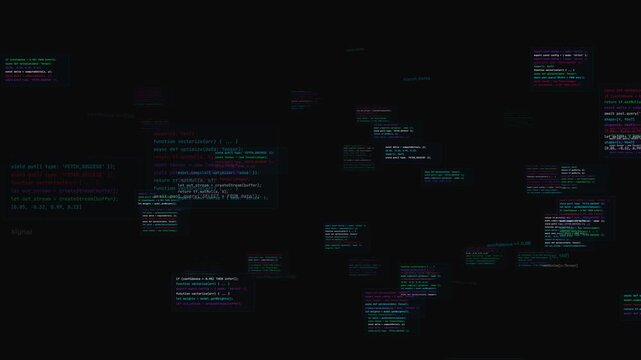 Computer Code Scrolling on Black Background Digital Data Stream for Cybersecurity and Programming Visuals with Multi Color Syntax Highlighting