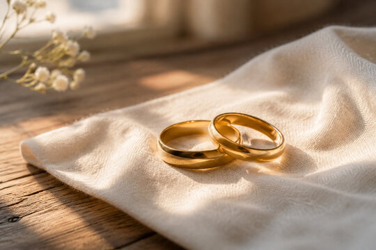Two gold wedding bands on pale linen cloth, marriage and commitment concept