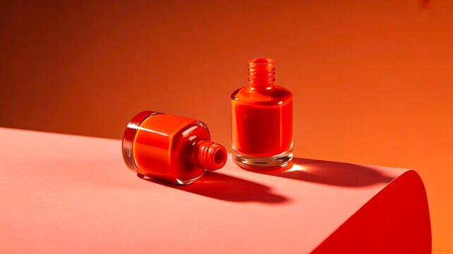 Red nail polish bottle and brush displayed on a vibrant orange background
