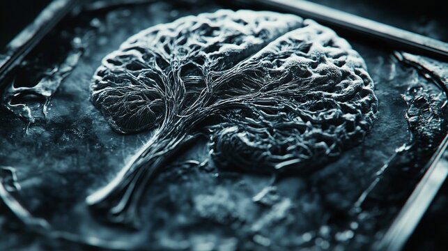 Detailed brain anatomy displayed in ornate frame, textured background