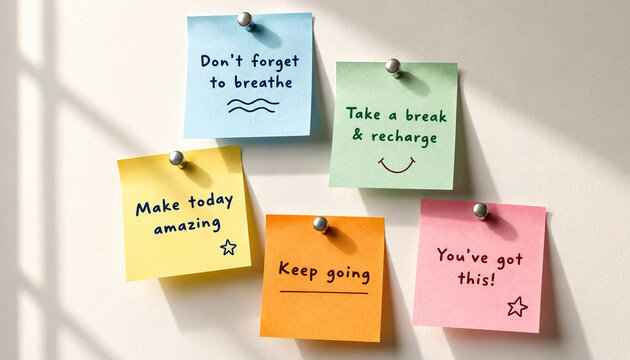 Colorful motivational sticky notes pinned on light wall for inspiration