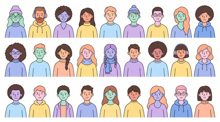 Fototapeta premium Large set of diverse people avatars with colorful hand drawn characters. Head portraits of men and women with happy smiling faces. Modern flat vector collection for user profile social web U