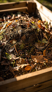 Compost pile with dry leaves and soil in a wooden bin, warm sunlight, ideal for gardening blogs, eco-friendly articles and farming promotions.
