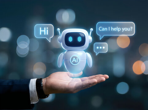 A businessman holds a small white ai robot character with glowing blue eyes, surrounded by speech bubbles saying hi and can i help you in 3d