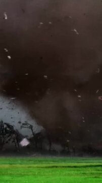 Powerful Tornado Twister Sweeping Across Green Field with Flying Debris