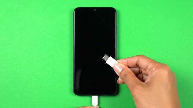 Close-up view of a human hand plugging a white charging cable into a black smartphone resting on a vivid green background