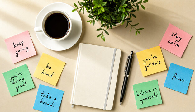 Motivational sticky notes with notebook coffee plant on light wooden surface