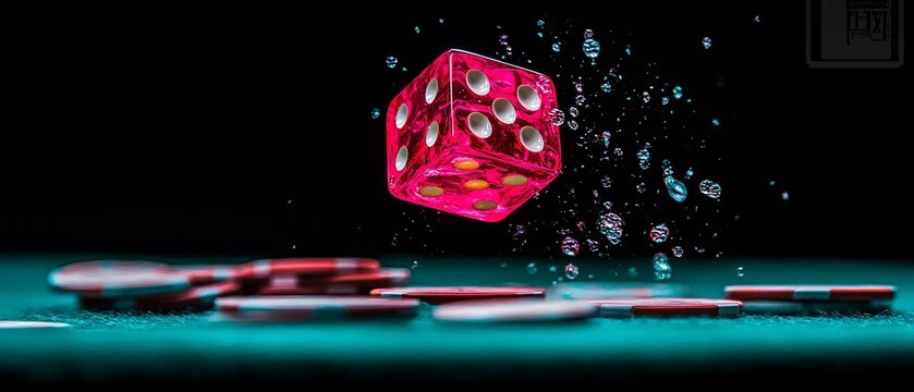 Pink die in mid-air, splashing water, near poker chips on a green felt surface, dark background