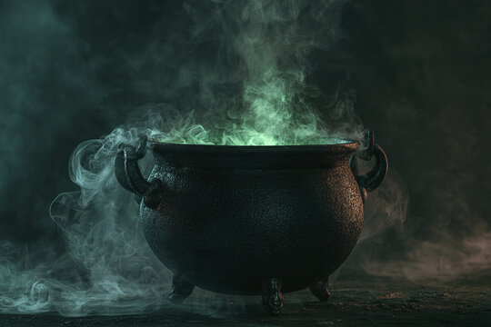Dark gothic cauldron filled with green magic smoke creating mysterious and eerie atmosphere in dark setting