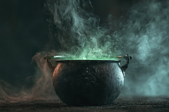Dark gothic cauldron filled with green magic smoke rising in mysterious dark atmosphere creating eerie mood