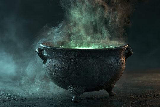 Dark gothic cauldron filled with green magic smoke and bubbling potion creating mysterious and eerie atmosphere