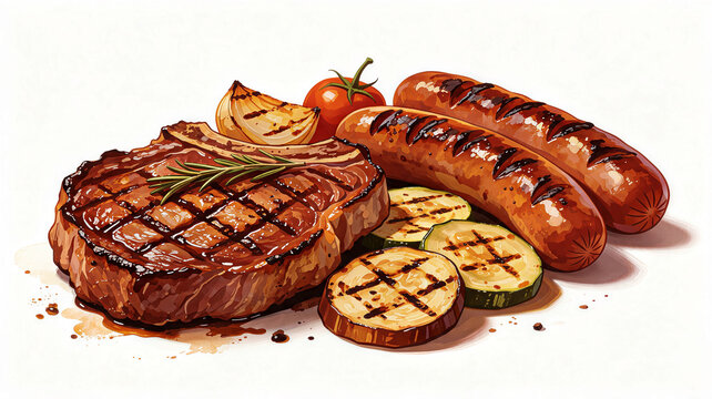 Grilled steak sausages and vegetables BBQ meal illustration on white