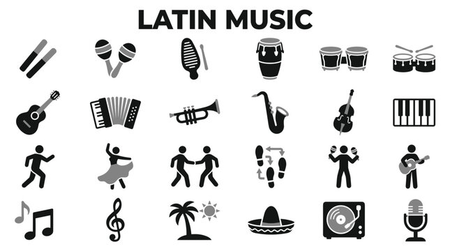 Set of flat monochrome icons representing latin music instruments and dance moves isolated on white background