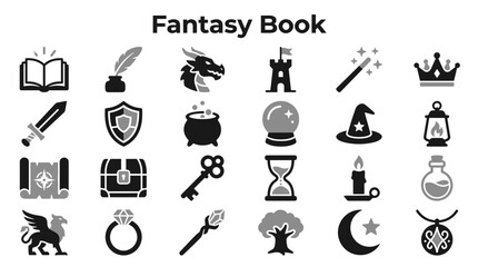 Fototapeta premium Set of fantasy book elements and magic icons isolated on white background