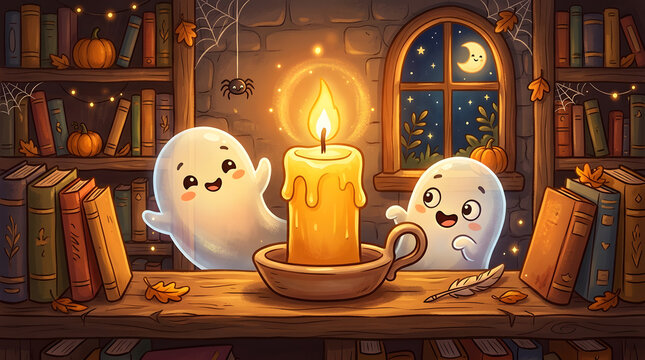 Whimsical ghosts interacting near lit candle in cozy library room