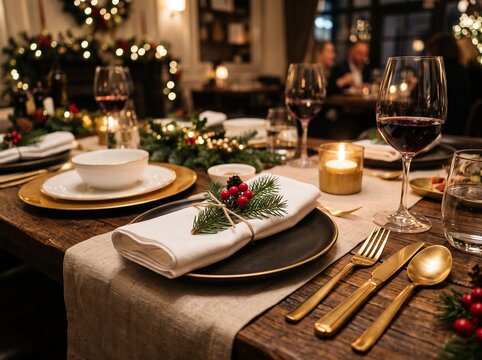 Elegant Christmas dinner table setting with gold cutlery and festive decorations in restaurant