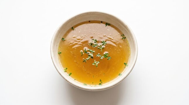Fresh chicken bone broth soup in a small round ceramic bowl