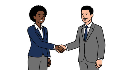 Fototapeta premium Businesswoman and businessman shaking hands in agreement partnership cartoon vector illustration