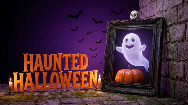 Halloween ghost in frame with pumpkin and bats for spooky seasonal decoration design
