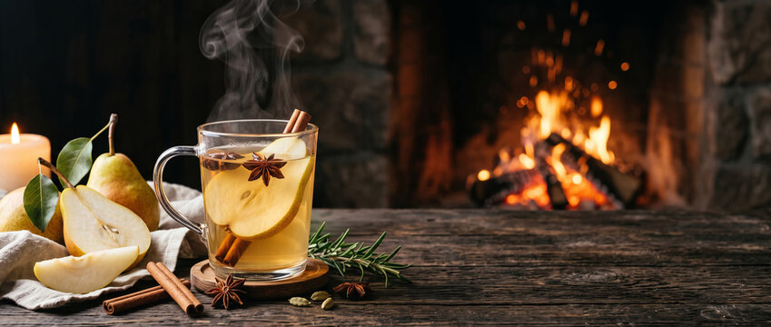 Steaming mulled pear cider with fresh pear, cinnamon and star anise beside a glowing fireplace, cozy autumn and winter drink with generous copy space