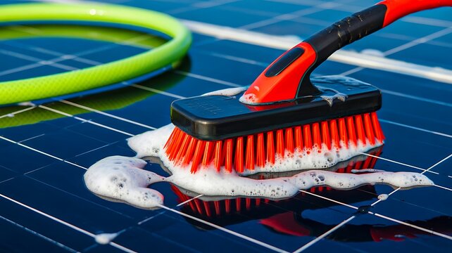 Swimming pool cleaning brush and hose with water and foam on blue tiles