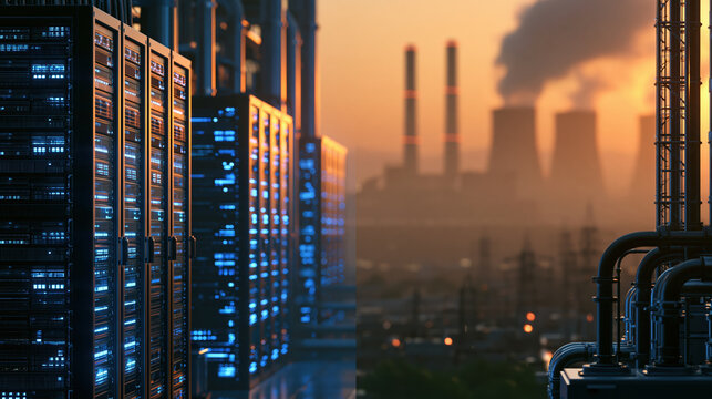 Data center server against industrial power plant creating modern computing energy comparison in warm evening light