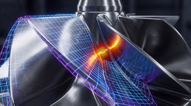 Digital twin analysis of turbine blade showing stress point diagnostics