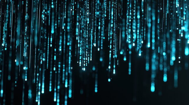 Abstract digital rain of blue glowing particles falling in darkness