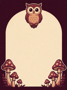 Cute owl and mushroom border design for invitations