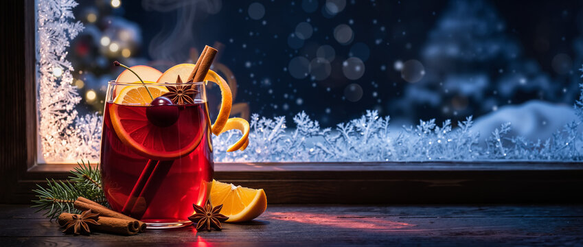 Jewel-like ruby mulled wine with cherry, orange and cinnamon garnish in a clear glass by a snowy winter window, elegant festive drink with copy space