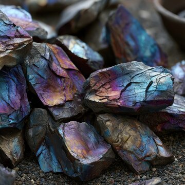 Iridescent hematite rocks with blue purple and gold sheen on gravel surface