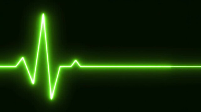 Green EKG heartbeat graph lines pulse rhythm on black background with subtle motion